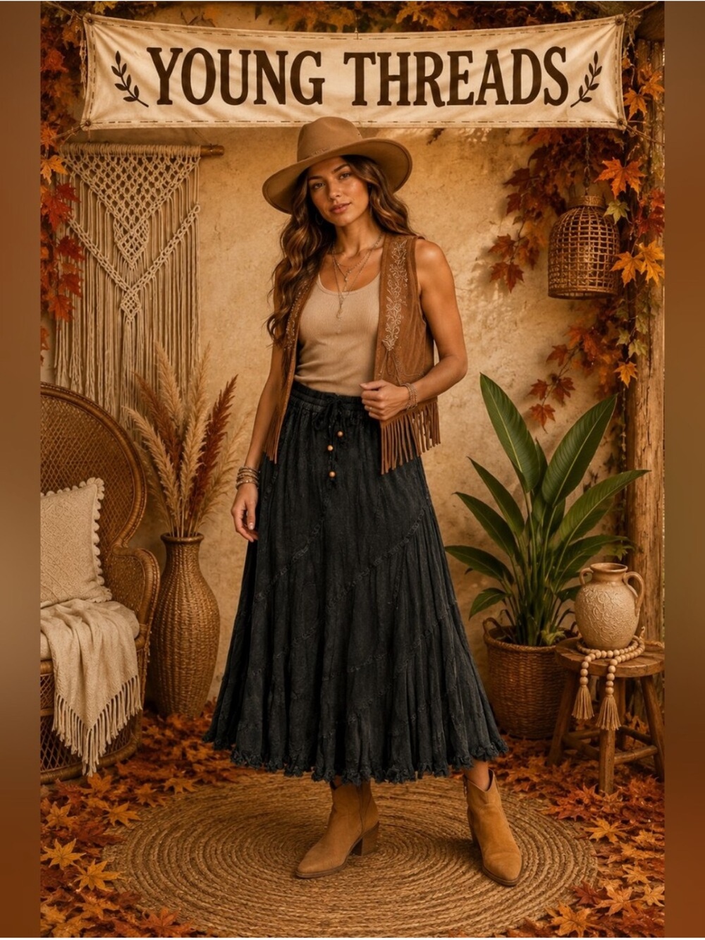 NWT Young Threads Women's Black Tiered Maxi Skirt with Drawstring Waist